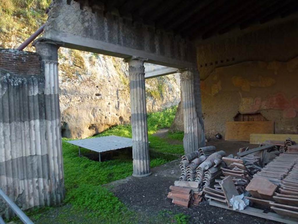 Ins. Orientalis II 4, Herculaneum, October 2012. Looking south-east across south end of west portico, towards the unexcavated. Photo courtesy of Michael Binns.